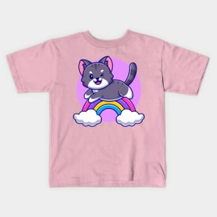 Cute Cat Jumping With Rainbow And Cloud Cartoon Kids T-Shirt